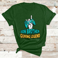 Forest green boys gaming T-shirt with controller graphic and 'Son Brother Gaming Legend' text.