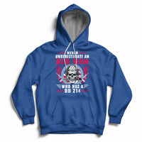 Royal blue pullover hoodie with front skull soldier graphic and kangaroo pocket