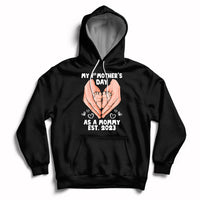 Black maternity Mother's Day hoodie with back hands graphic and 'Est. 2023' text