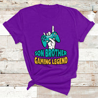 Purple boys gaming T-shirt with controller graphic and 'Son Brother Gaming Legend' text.