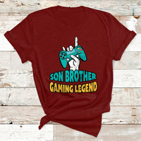Maroon boys gaming T-shirt with controller graphic and 'Son Brother Gaming Legend' text.
