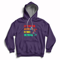 Mystic dragonflies hoodie in purple with colorful text graphic and front pouch