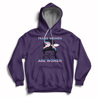 Women's purple hoodie with front graphic text TRANS WOMEN ARE WOMEN, drawstring hood