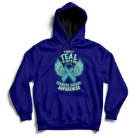 Navy cervical cancer awareness hoodie with teal “I wear Teal for My Mom” graphic