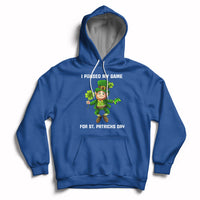 Royal blue game-themed St. Patrick's Day hoodie with hood, drawstrings, and front pouch pocket