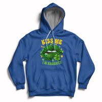 Royal blue hoodie with shamrock leopard-lips graphic, “KISS ME” and “I’M NAUGHTY” front