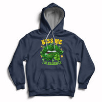Navy hoodie with shamrock leopard-lips graphic, “KISS ME” and “I’M NAUGHTY” front print