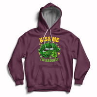 Maroon hoodie with shamrock leopard-lips graphic, “KISS ME” and “I’M NAUGHTY” front print