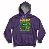 Purple hoodie with shamrock leopard-lips graphic, “KISS ME” and “I’M NAUGHTY” front