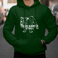 Green bulldog graphic hoodie with front text print, pullover hood and kangaroo pocket