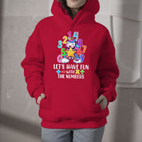 Red kids hoodie with colorful unicorn number graphic and slogan on the front