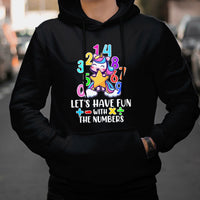 Black kids hoodie with colorful unicorn number graphic and slogan on the front