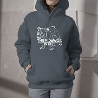 Heather gray-blue bulldog graphic hoodie with front text print, pullover hood and pocket
