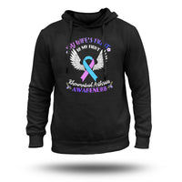 Black pullover hoodie, front view, hood and large purple ribbon with wings graphic
