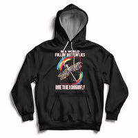 Black inspirational hoodie with dragonfly graphic, hood, and front pouch pocket.