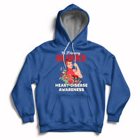 Royal blue pullover hoodie with red "Go Red" graphic and "Heart Disease Awareness" text