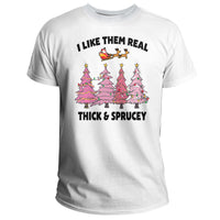White crewneck T-shirt with colorful Christmas trees graphic and bold text