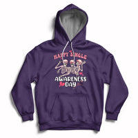 Purple pullover hoodie with "Happy Single Awareness Day" skeleton graphic and front pocket.