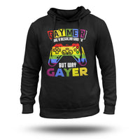 Black pullover hoodie with colorful gamer controller graphic on chest