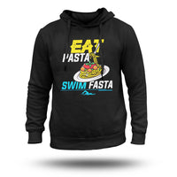 Black pullover hoodie with centered "Eat Pasta" and "Swim Fasta" graphic and hood.