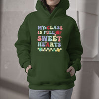 Green teacher hoodie with colorful 'Sweet Hearts' chest graphic, hood & kangaroo pocket