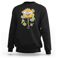Black crewneck sweatshirt with 'Mom' sunflower and daisy graphic.