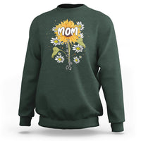 Forest green crewneck sweatshirt with 'Mom' sunflower and daisy graphic.