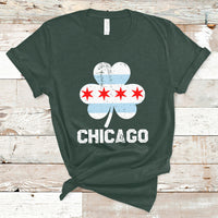 Forest green crewneck T-shirt with white clover and red stars, CHICAGO text