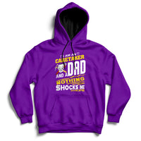 Purple hoodie with front graphic text, drawstring hood, and kangaroo pocket.