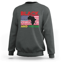 Dark heather crewneck sweatshirt with 'BLACK AND PROUD' graphic, Africa map flag silhouette