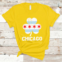 Yellow crewneck T-shirt with clover graphic and CHICAGO text