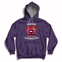 Purple pullover hoodie with heart front graphic, kangaroo pocket and white drawstrings