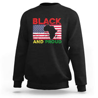 Black crewneck sweatshirt with 'BLACK AND PROUD' graphic, Africa map flag silhouette