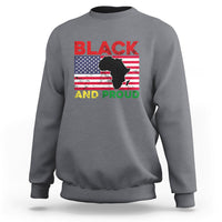 Light gray crewneck sweatshirt with 'BLACK AND PROUD' graphic, Africa map flag silhouette