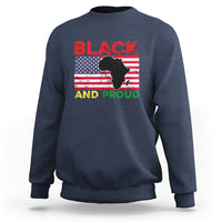 Navy crewneck sweatshirt with 'BLACK AND PROUD' graphic, Africa map flag silhouette