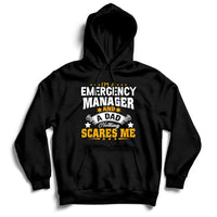 Black pullover hoodie with front "Emergency Manager and Dad" graphic.