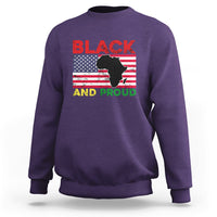 Purple crewneck sweatshirt with 'BLACK AND PROUD' graphic, Africa map flag silhouette