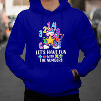 Royal blue kids hoodie with colorful unicorn number graphic and slogan on the front