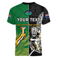 Rugby v-neck t-shirt with green front, black back, text Your Text, and flags