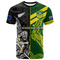 Custom Australia Kangaroos And All Black Rugby T Shirt Aboriginal Mix NZ Maori Fern LT14