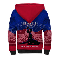 Sherpa hoodie back print with Haiti 1804, blue and red coat graphic, hood, zip