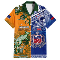 Rugby Hawaiian shirt with green collar, orange/blue panels and Wallabies/Toa Samoa logos