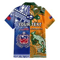 Rugby Hawaiian shirt with green collar, blue front, 'YOUR TEXT' and team graphics