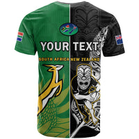 Rugby T-shirt with YOUR TEXT back print, South Africa/New Zealand text, flag patches