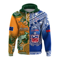 Zip-up rugby hoodie with green hood, split orange/blue tribal graphics, Australian & Samoa badges