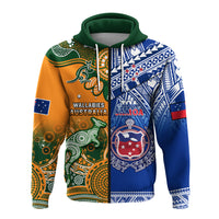 Zip-up rugby hoodie with green hood, front zipper, orange and blue tribal print with flags