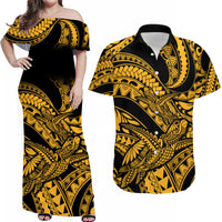 Matching Outfits For Couples Polynesian Combo Dress And Hawaiian Shirt Tribal Mix Turtle Gold Version - Wonder Print Shop
