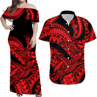 Matching Outfits For Couples Polynesian Combo Dress And Hawaiian Shirt Tribal Mix Turtle Red Version - Wonder Print Shop