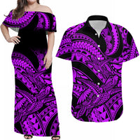 Matching Outfits For Couples Polynesian Combo Dress And Hawaiian Shirt Tribal Mix Turtle Purple Version - Wonder Print Shop