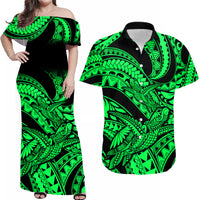 Matching Outfits For Couples Polynesian Combo Dress And Hawaiian Shirt Tribal Mix Turtle Green Version - Wonder Print Shop